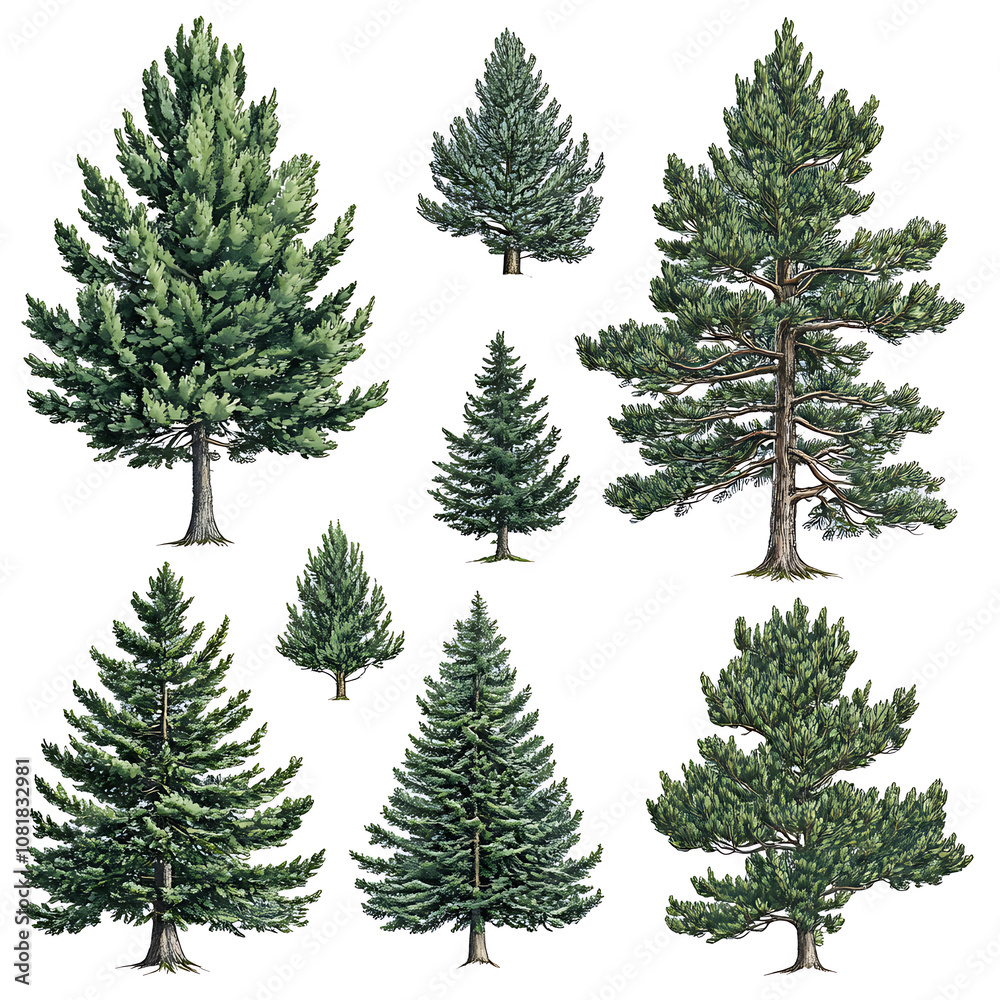 Various pine tree species illustrated with detailed features showcasing their sizes and shapes in a botanical style