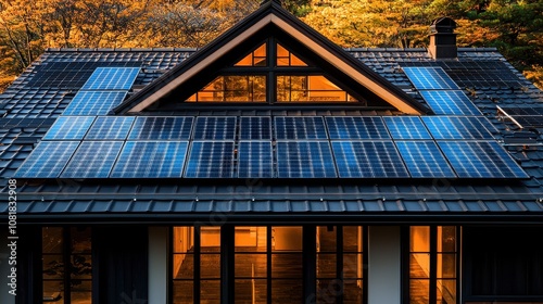 Solar panels installed on a modern home rooftop at sunset surrounded by autumn foliage in a serene neighborhood