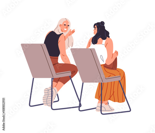 Young women on seats talk at conference, performance back view. People communicate during workshop. Audience sits on chairs, discusses seminar backside. Flat isolated vector illustration on white