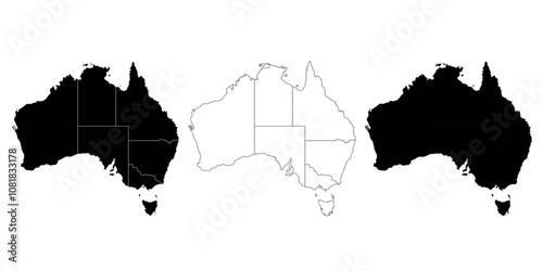 Map of Australia in filled and outline styles. Regional map designs for geographic and educational purposes.