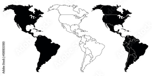 Map outlines of North and South America in filled and outline styles. Geographic and regional map designs.