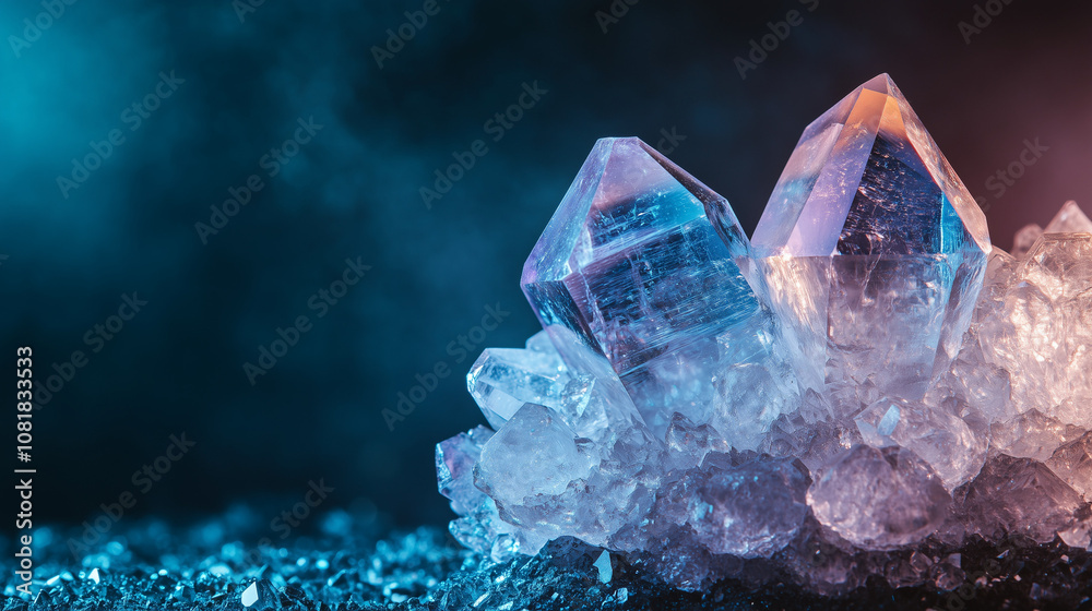 Ethereal quartz crystal cluster with dual points, glowing softly in a mystical, blue lit setting Ethereal quartz crystal cluster with dual points, glowing softly in a mystical, blue lit setting