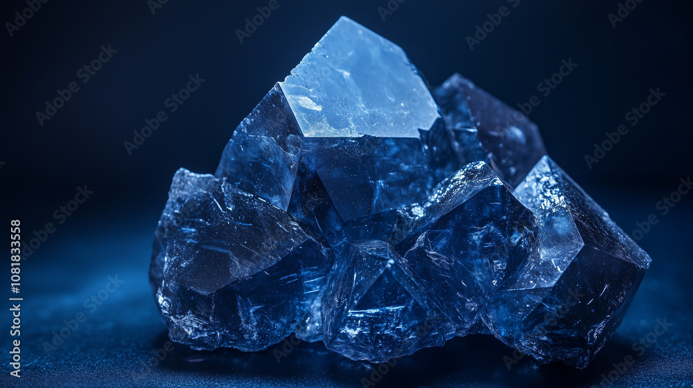 Raw blue crystal cluster in dark, mysterious setting with intricate textures and glowing reflections Raw blue crystal cluster in dark, mysterious setting with intricate textures and glowing reflections