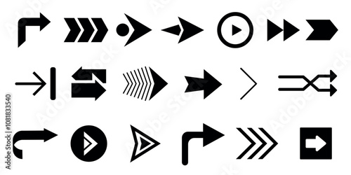 Assorted arrow icons in various styles and directions. Navigation and pointer symbols for design use.