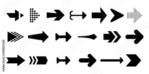 Assorted arrow icons in various styles and directions. Navigation and pointer symbols for design use.