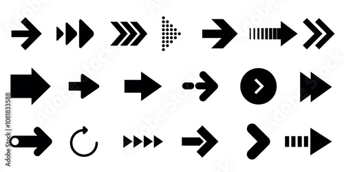 Assorted arrow icons in various styles and directions. Navigation and pointer symbols for design use.