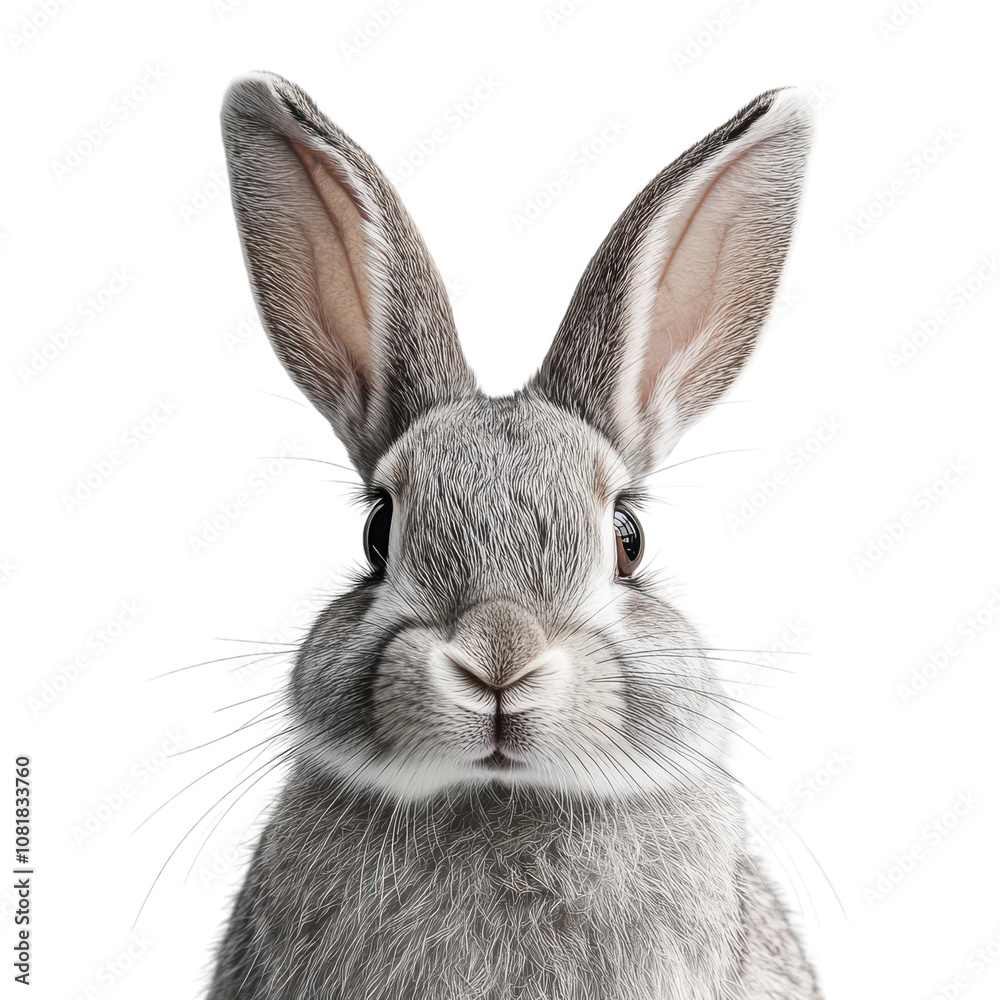 Obraz premium Realistic gray rabbit portrait, cute bunny face close-up, detailed fur animal illustration for Easter and pet branding isolated PNG with Transparent Background
