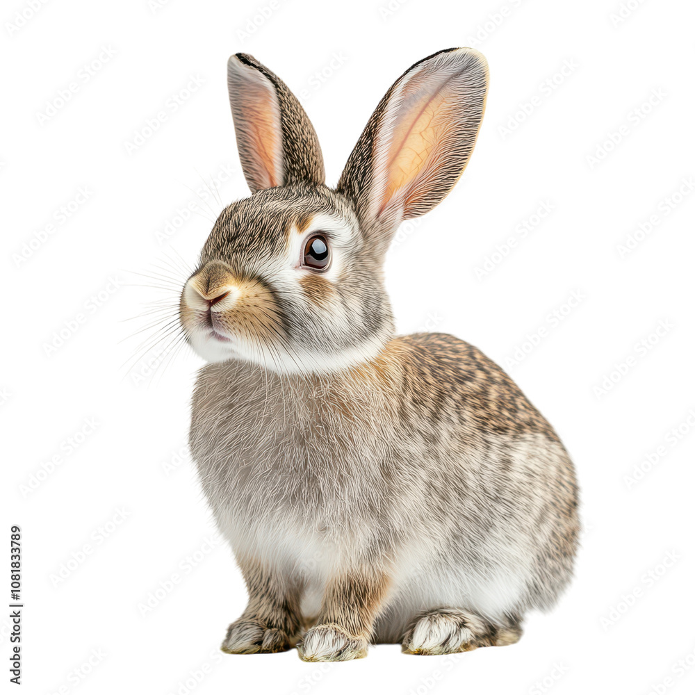 Fototapeta premium Realistic rabbit illustration, gray brown bunny portrait with soft fur texture, cute woodland animal PNG for branding isolated PNG with Transparent Background