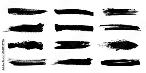 Collection of black brush stroke textures in various shapes. Artistic brush stroke elements for design and backgrounds.