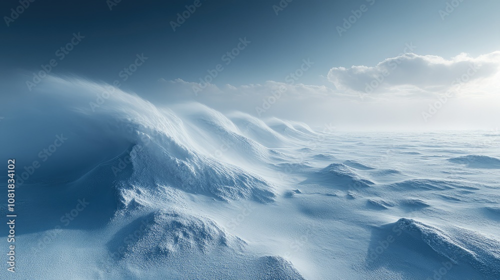 Fototapeta premium A vast, snow-covered landscape with windswept dunes under a blue sky and white clouds.