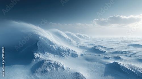 A vast, snow-covered landscape with windswept dunes under a blue sky and white clouds.