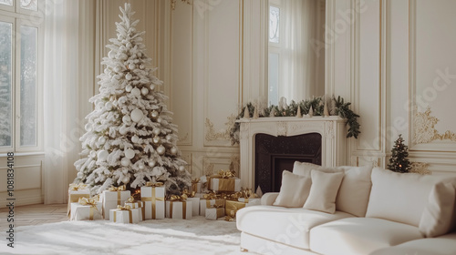 Elegant Christmas living room with decorated tree, wrapped gifts, and cozy white sofa by a classic fireplace