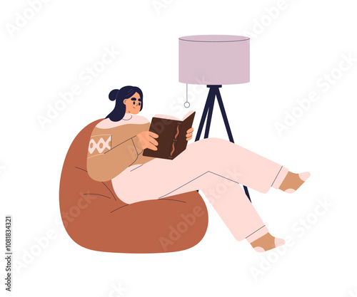 Woman reading book, relaxing on cozy bean bag chair under lamp. Reader enjoying leisure time with literature, sitting on beanbag seat at home. Flat vector illustration isolated on white background