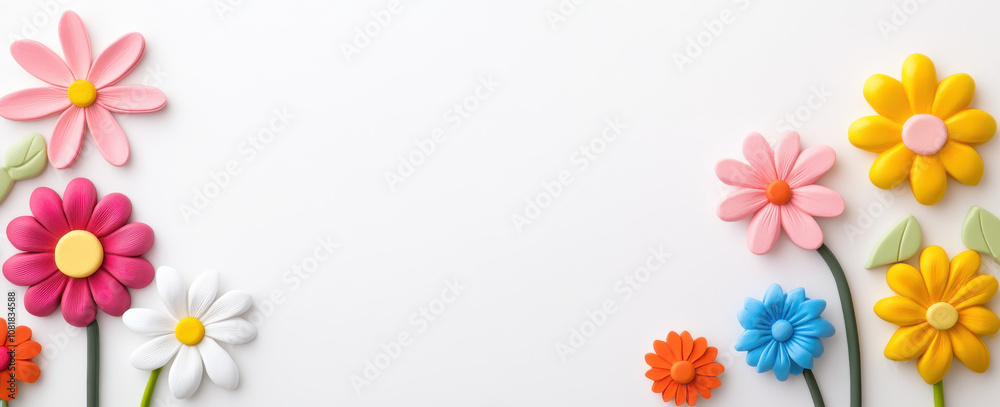 Colorful plasticine flowers arranged on white background create cheerful and vibrant scene, perfect for spring themes and creative projects Colorful plasticine flowers arranged on white background create cheerful and vibrant scene, perfect for spring themes and creative projects