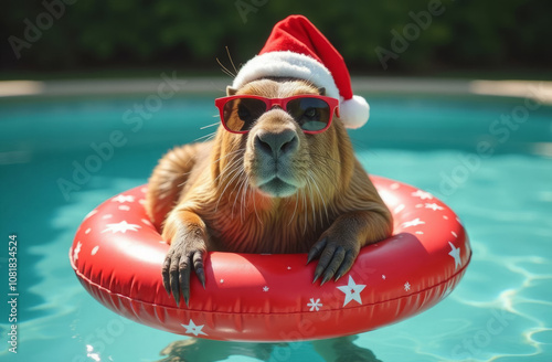A capybara wearing a Santa Claus hat and red-framed sunglasses is swimming in a pool in a red inflatable swim lap