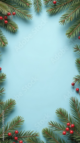 Light blue background with a frame of fir branches. Template for text