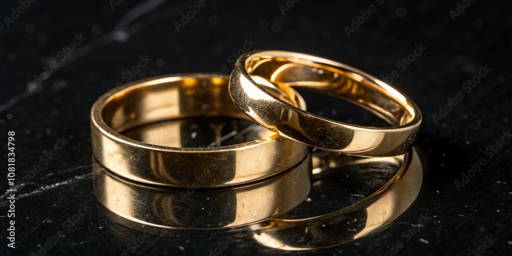 Captivating Reflection of Gold Wedding Rings on a Polished Black Surface Showcasing Elegance and Love in Macro Photography Captivating Reflection of Gold Wedding Rings on a Polished Black Surface Showcasing Elegance and Love in Macro Photography