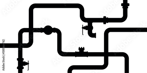 Black pipeline illustration with various pipes, joints, and valves on a white background.
