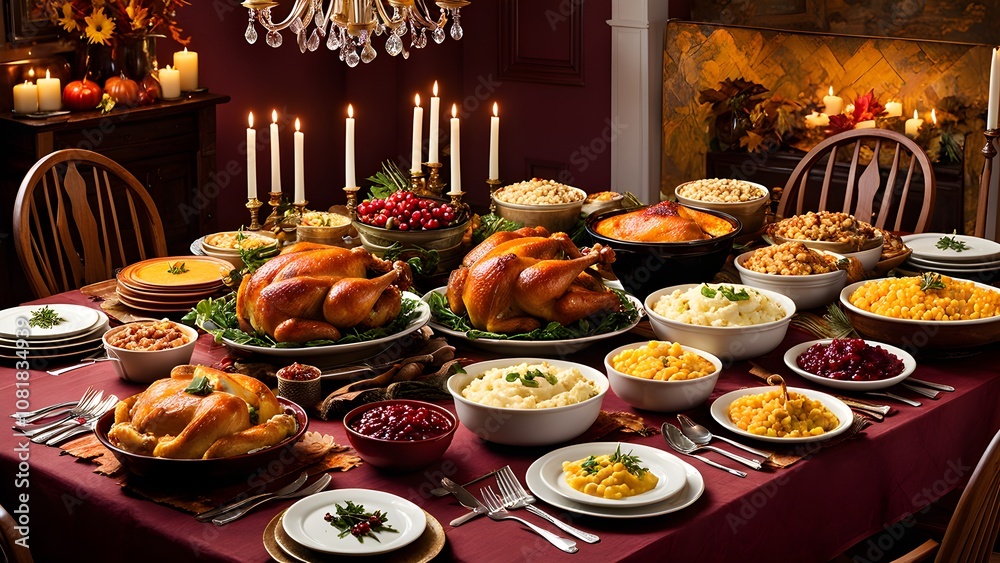 A beautifully set table with a variety of Thanksgiving dishes, including roasted turkey, mashed potatoes, stuffing, cranberry sauce, and more. A beautifully set table with a variety of Thanksgiving dishes, including roasted turkey, mashed potatoes, stuffing, cranberry sauce, and more.