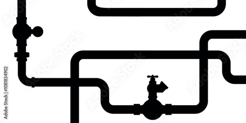 Black pipeline illustration with various pipes, joints, and valves on a white background.
