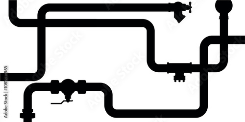 Black pipeline illustration with various pipes, joints, and valves on a white background.