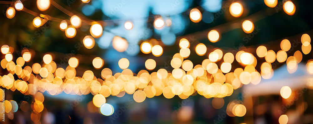 Out-of-focus string lights cast a warm glow against a soft cream background, creating a cozy and inviting ambiance with vibrant bokeh circles 