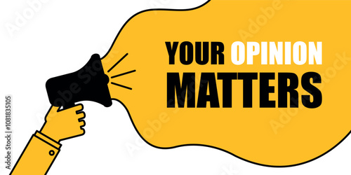 Megaphone with 'Your Opinion Matters' text in yellow speech bubble on white background.