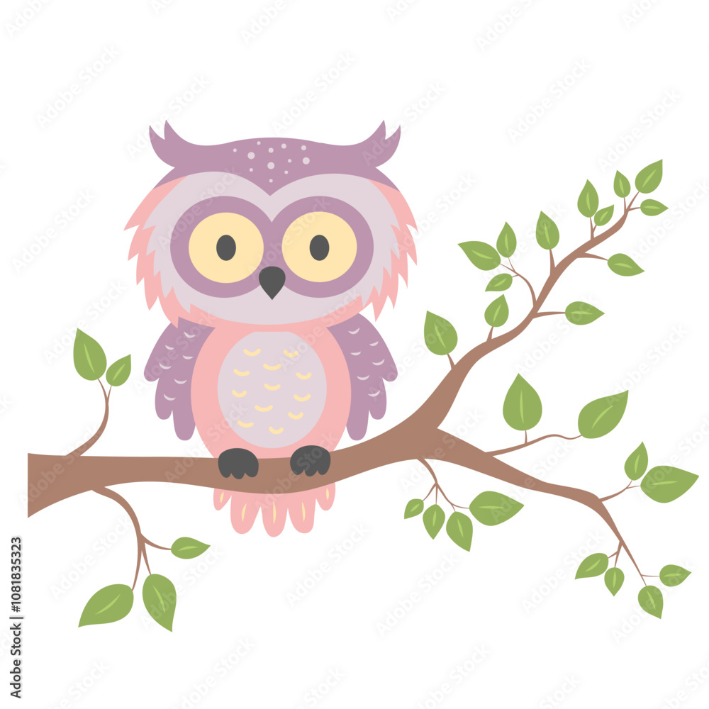 Fototapeta premium Cute owl sitting on tree branch. Forest animal character isolated on white background.