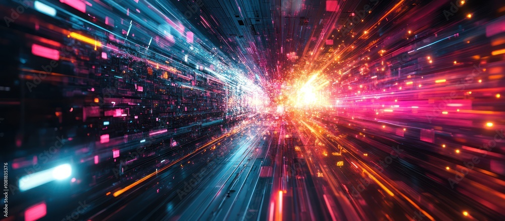 Fototapeta premium Abstract background with streaks of light in blue, orange, and pink colors.