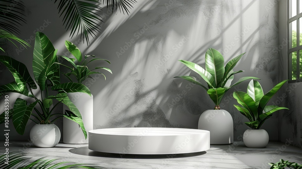 A white podium with plants in pots on either side against a grey wall with leaves and shadows. A white podium with plants in pots on either side against a grey wall with leaves and shadows.