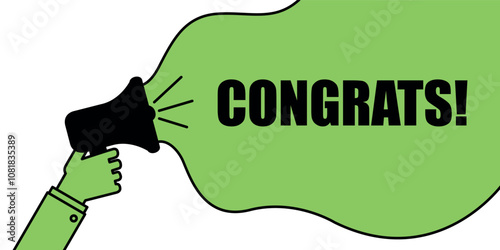 Megaphone with 'Congrats!' text in green speech bubble on white background.