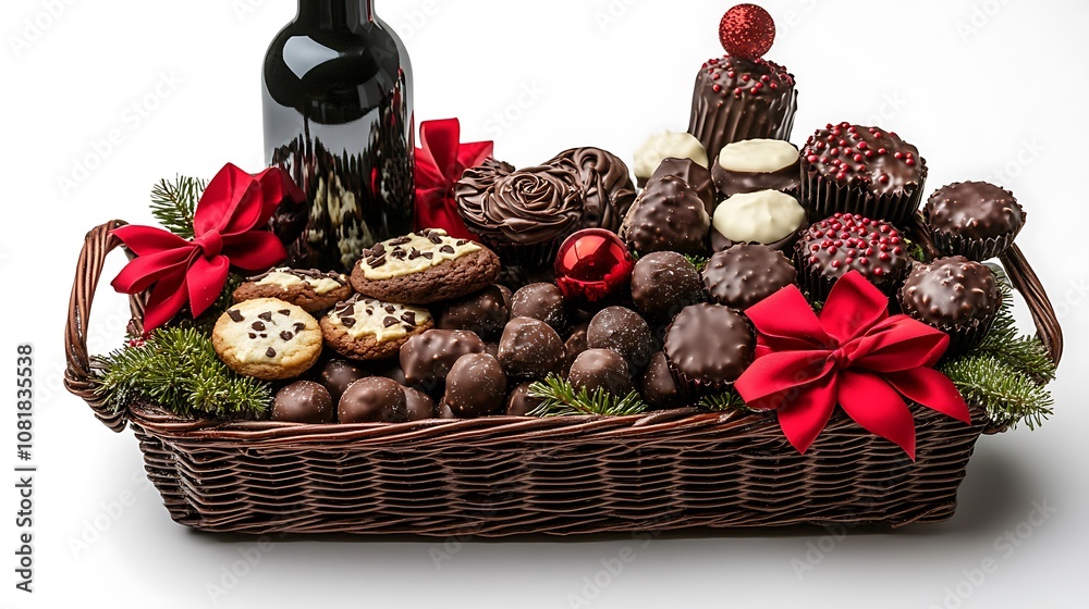A beautifully arranged holiday gift basket showcasing a bottle of fine wine, an assortment of gourmet chocolates, and holiday cookies, displayed on a clean white background. A beautifully arranged holiday gift basket showcasing a bottle of fine wine, an assortment of gourmet chocolates, and holiday cookies, displayed on a clean white background.