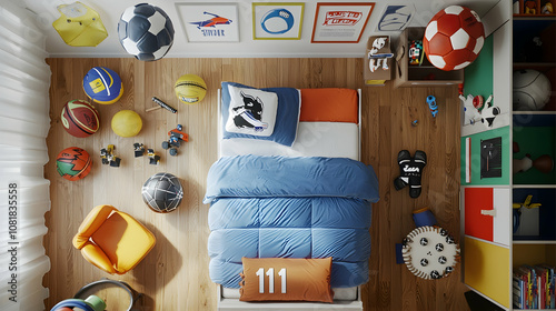 Boys Bedroom Interior Design with Sports Themed Decorations - Illustration