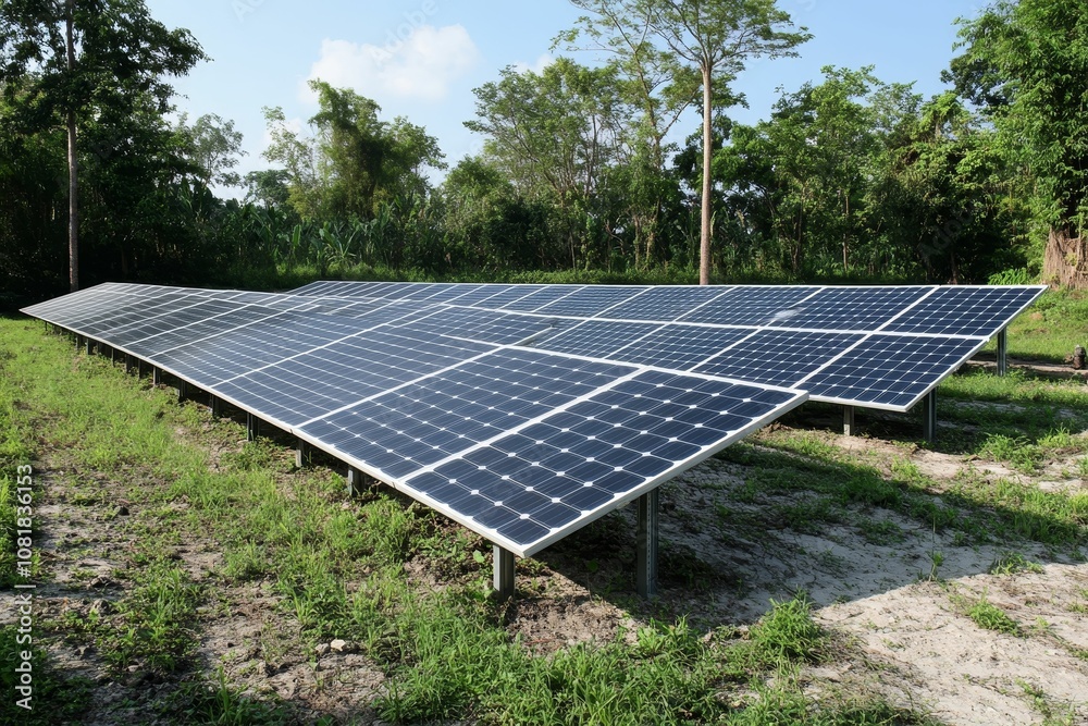 Solar panels in a grassy clearing. Solar panels in a grassy clearing.