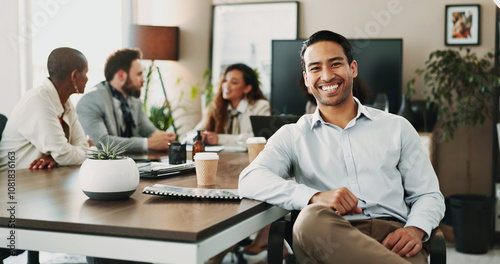 Tableau sur toile Leadership, portrait and smile of business man in boardroom of office with colleagues for planning