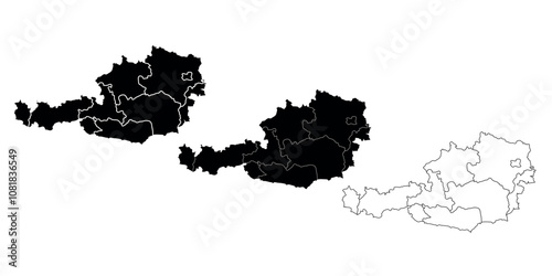 Set of three Austria map silhouettes in black and outline style with regions.