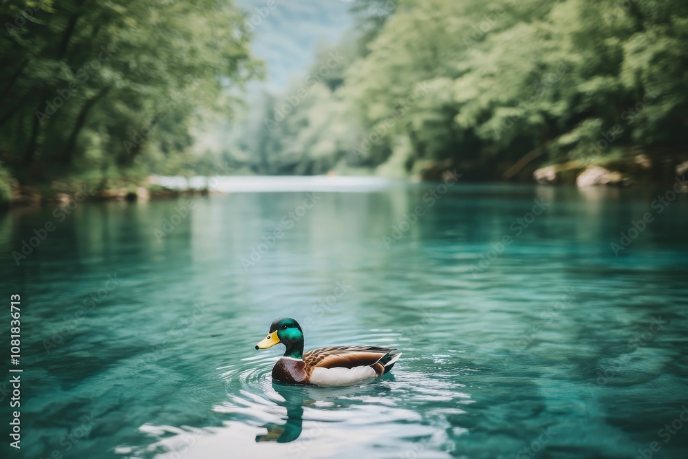 Obraz premium A duck swims in a calm blue river.