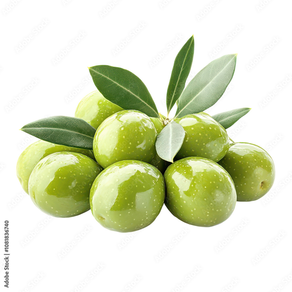 Obraz premium Fresh green olives with leaves, glossy ripe olive fruit cluster, Mediterranean ingredient for cooking and gourmet cuisine isolated PNG with Transparent Background