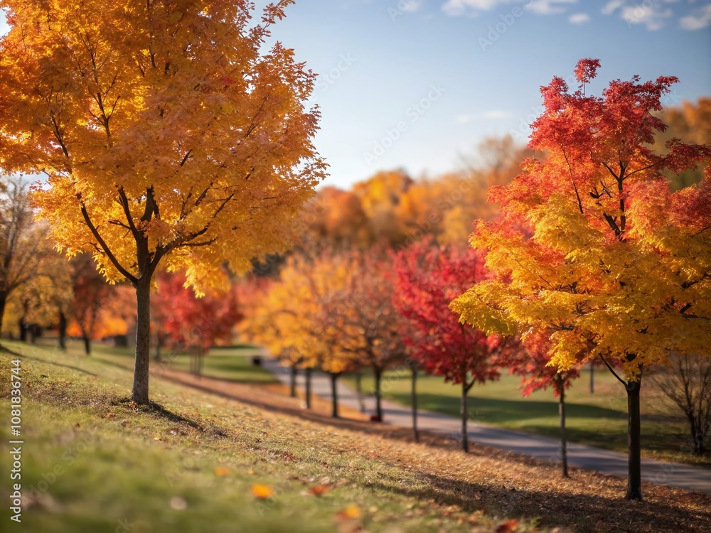 Fototapeta premium Captivating Tilt-Shift Autumn Frame: A Miniature World of Vibrant Fall Colors and Leafy Landscapes for Seasonal Stock Photography