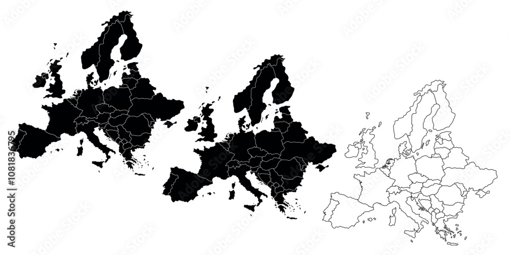 Set of three Europe map silhouettes in black and outline style with countries. Set of three Europe map silhouettes in black and outline style with countries.
