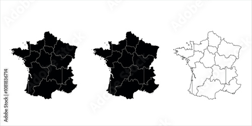Set of three France map silhouettes in black and outline style with regions.