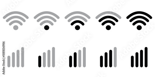 Set of WiFi and cellular signal strength icons in increasing levels from low to full.