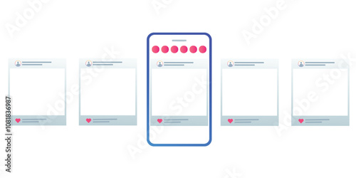 Horizontal set of five mobile app interface screens with likes, comments, and user interactions.