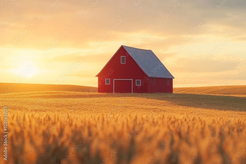 A red barn stands in a field of wheat at sunset. A red barn stands in a field of wheat at sunset.