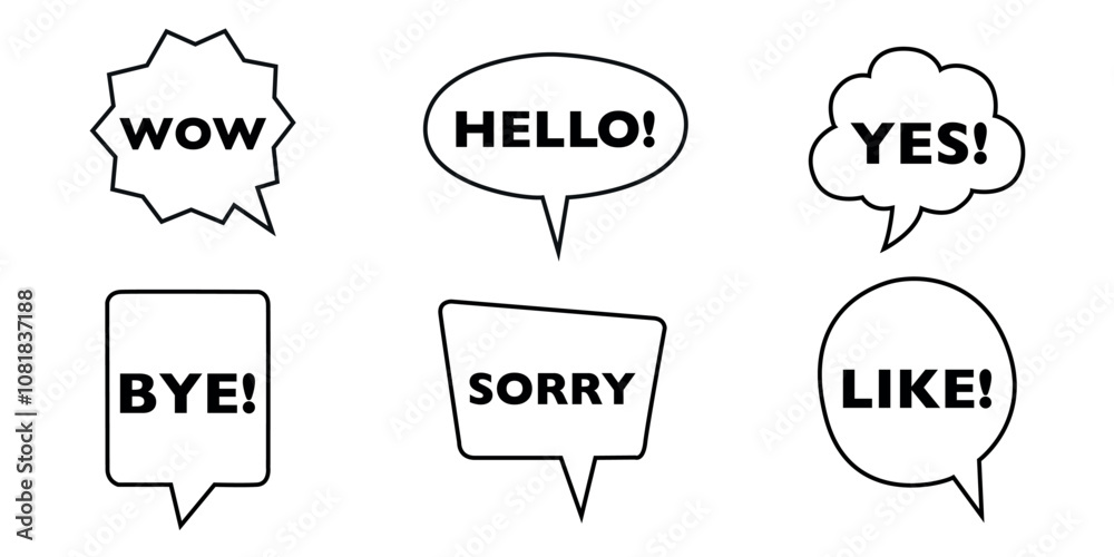 Set of six speech bubbles with words like 'WOW,' 'HELLO,' 'YES,' in outline style. Set of six speech bubbles with words like 'WOW,' 'HELLO,' 'YES,' in outline style.