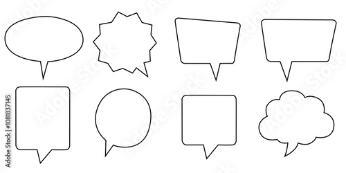 Outline style speech bubble set with eight different shapes for messaging or comments.