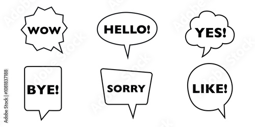 Set of six speech bubbles with words like 'WOW,' 'HELLO,' 'YES,' in outline style.