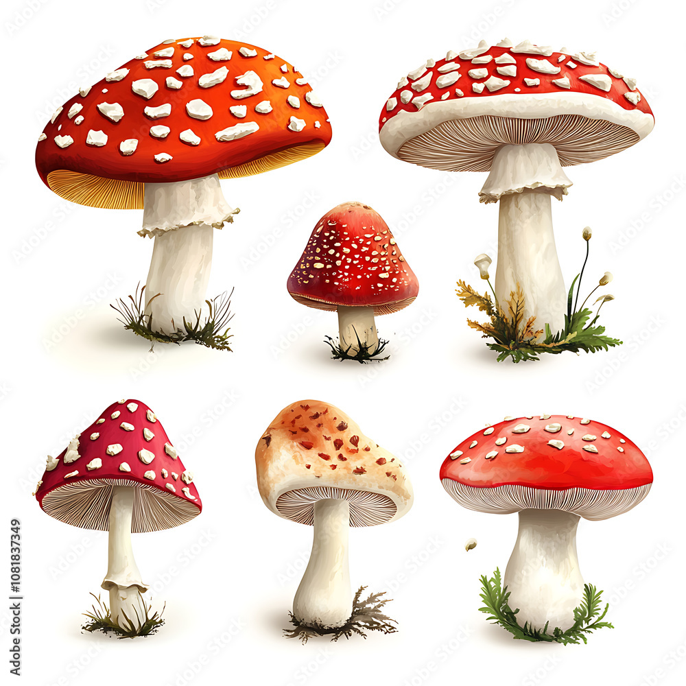 Various species of red mushrooms with distinctive caps and stalks growing on a white background Various species of red mushrooms with distinctive caps and stalks growing on a white background