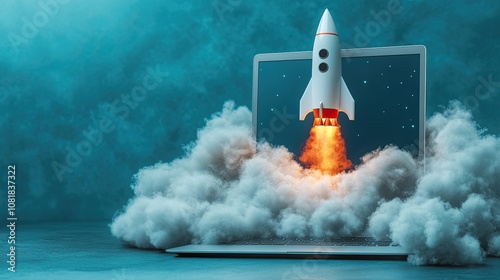 Rocket launching from a laptop screen surrounded by clouds, set against a blue background, concept of innovation. -