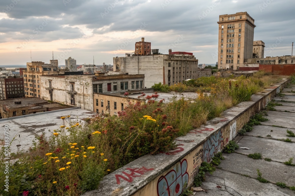 Fototapeta premium Captivating Urban Decay: Rooftop Views of a Weathered Cityscape Showcasing the Beauty of Abandoned Buildings and Crumbling Structures Against a Gritty Skyline
